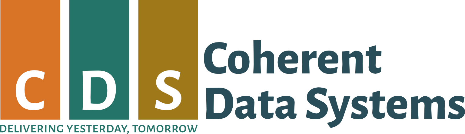The logo of Coherent Data Systems. It is 3 vertical bars, in orange, teal, and brown, each with a letter (C D S) in them, and the logotype of the company next to it.